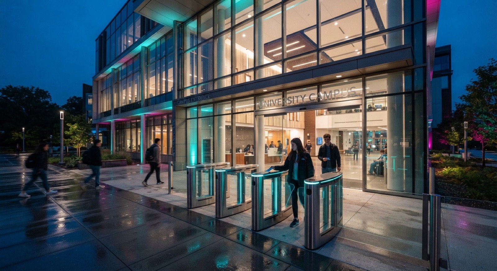Students tapping smart cards at facial-recognition access turnstiles outside a lit campus building at dusk