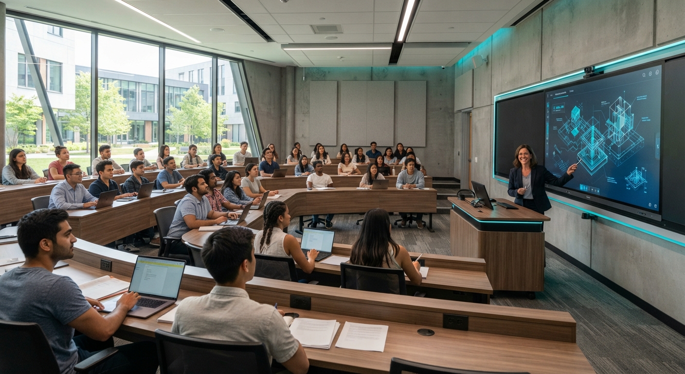 Modern classroom lecture hall with students and a teacher using smart-classroom technology