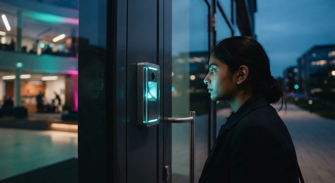 Student approaching a glowing facial-recognition access reader at a campus door at dusk