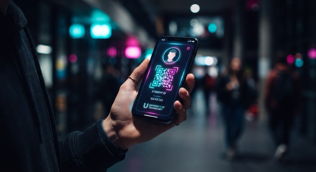 Hand holding a smartphone showing a glowing digital student ID and QR access pass